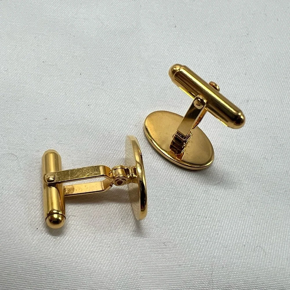 Vintage Shields Gold Tone Navy Blue green Enamel Diagonal Stripe Cufflinks